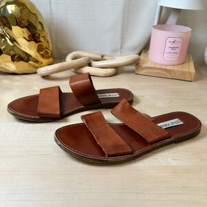 STEVE MADDEN Brown Leather Double Strap Slide Sandals Brown Size 6‎